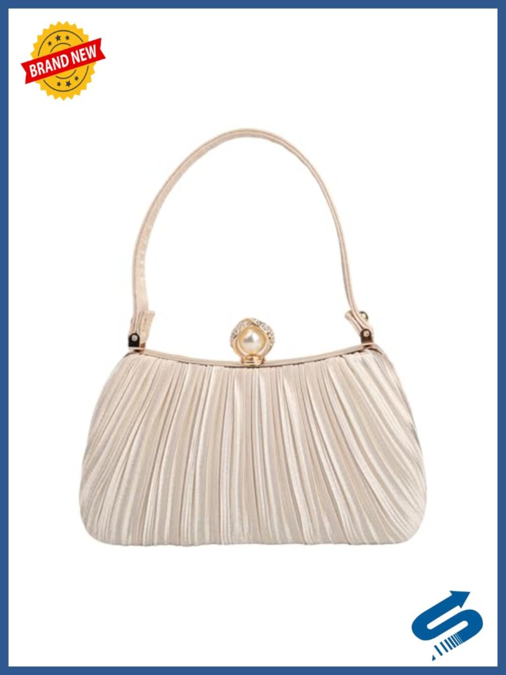 Women Mini Pleated Seashell Evening Clutch Pearl Chain Strap Crossbody Handbag
